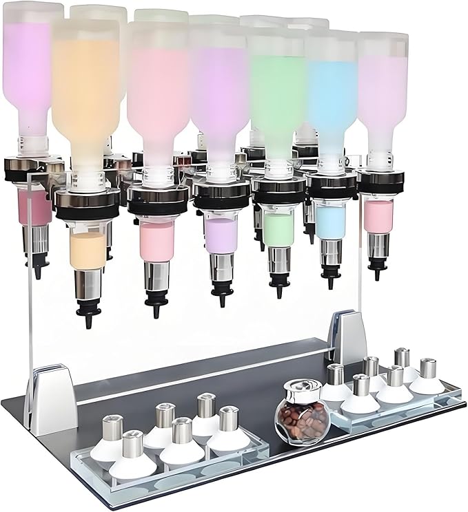 Professional Manual Perfume Dispenser, Liquid Filling Machine Transfer Tools,Manual Dispenser Set, Adjustable Pump Heads & Testing Cups for Shops & Lab & Bars(12Heads)