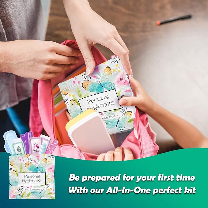 Menstrual Kit All-in-One 10 Pack | Convenience on The Go | Period Kit Pack for Travelling, Tweens & Teenager | Individually Wrapped Feminine Hygiene Product (Butterflies)