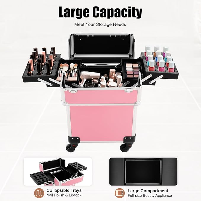 Rolling Makeup Train Case, Large Aluminum Alloy Cosmetic Trolley Case with Wheels & Retractable Handle, Lockable Storage for Makeup Artists, Lash Techs, Travel, Pink