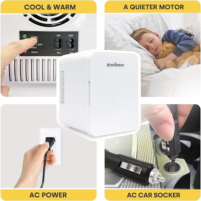 Enventor Mini Refrigerator, 4L/ 6 Can Compact Skincare Fridge AC+DC Power Cooler & Warmer Small Refrigerator for Bedroom, Skincare, Makeup, Cosmetics, Car, Office (White)
