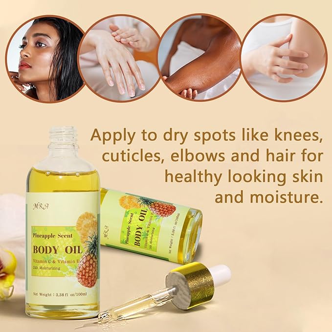 MR.A 2 Pack Pineapple Juice Scented Body Oil, Vitamin E Hydrating Body Oil, Pineapple GUASHA Oil after Shower for Dry Skin, Massage Oil with Guasha Tool