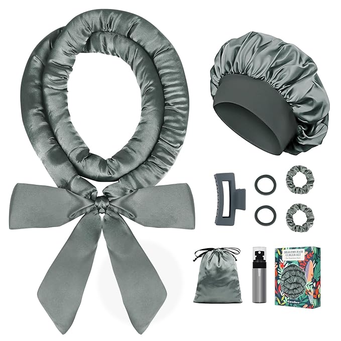 Satin Heatless Curls Overnight Hair Curlers to Sleep In Hair Curler Rollers No Heat Hair Wrap for Curls Headband, 70" Satin Heatless Curling Rod Set for Women Long Waves Hair Volume -Grey 9 PCS