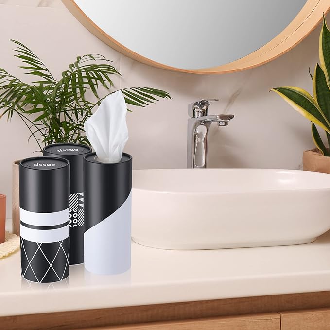 Outus 12 Pcs Geometric Car Tissues Cylinder Holder with 3 Ply Facial Tissue Bulk Black White Round Tissue Holder Travel Tissues Boxes Container for Car Cup Wedding Birthday Party