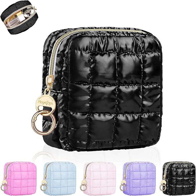 4.9" Puffy Small Makeup Bag, Cute Quilted Cosmetic Bag for Purse, Mini Travel Toiletry Organize Pouches for Women, Birthday/Wedding/Christmas Gifts (Black)