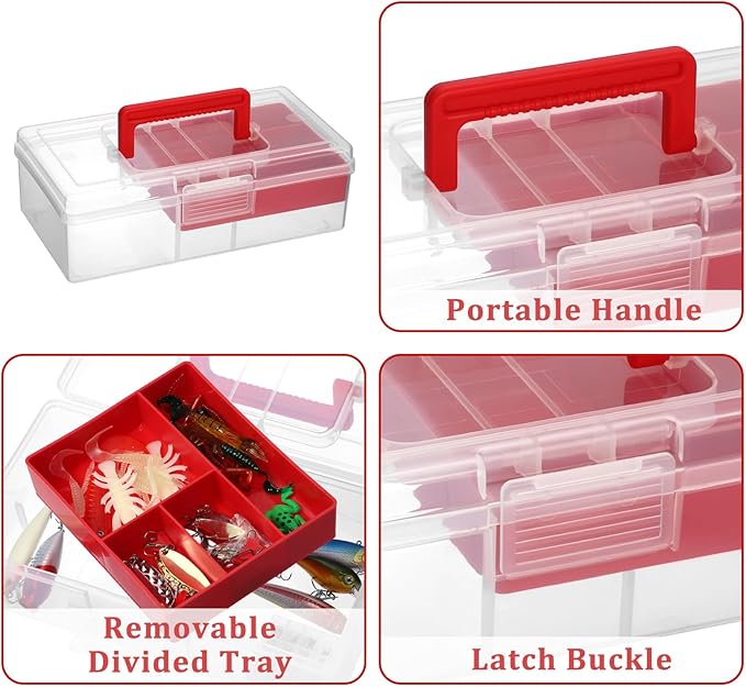 JUXYES Plastic Fishing Tackle Box Organizer with Removable Dividers, Clear Fishing Tackle Storage Boxes with Handle, 2 Layer Fishing Tackle Tray Box Lure Box, Red