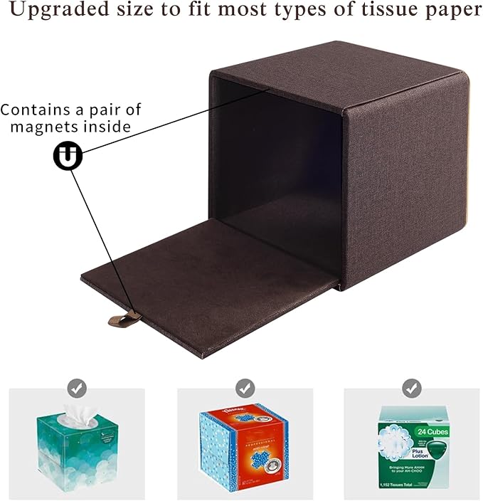 Linen Square Tissue Box Cover,Cube Tissue Box Holder－Excellent Rosegold Leather Decoration,Table Napkin Case Dispenser,Facial Tissues Organizer with Magnetic Bottom for Home Office Car(Coffee)
