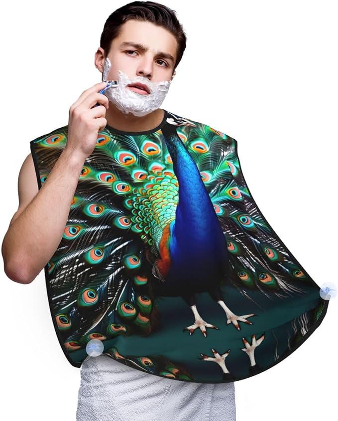 Beautiful Peacock Print Beard Bib Shaving Apron, Beard Hair Trimming Cape Gift For Dad