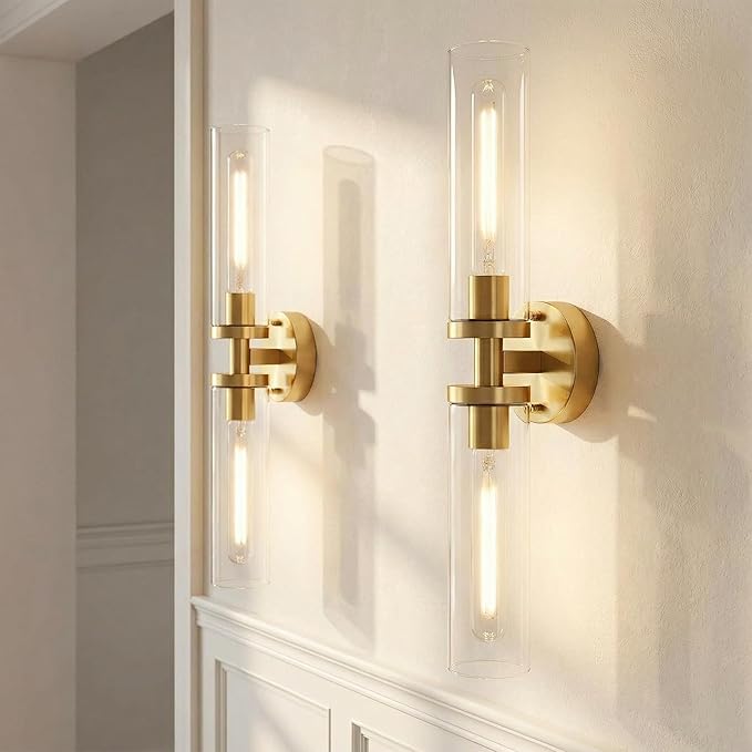 Wall Sconces 2-Pack, Hardwired Bathroom Light Fixtures, Modern Farmhouse Vanity Wall Lighting with Clear Glass Shades, E26 Base Wall Sconce Wall Lights for Bathroom Wall Decor, Gold
