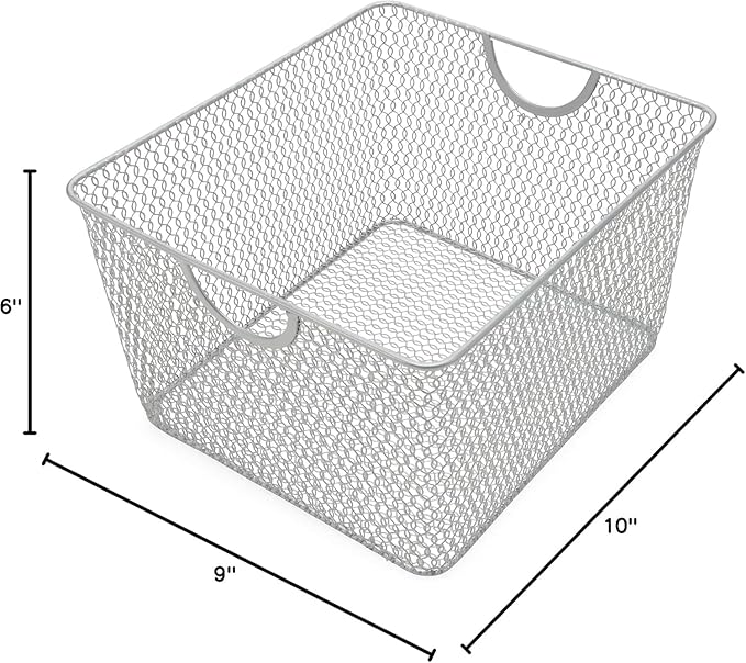 YBM Home Kitchen Pantry Organizer Wire Basket for Shelves, Cabinets, Pantry, Countertop, Mesh Open Storage Bin Metal Basket for Organizing Food Supplies 10” x 9” x 6”, Pack of 2, Silver