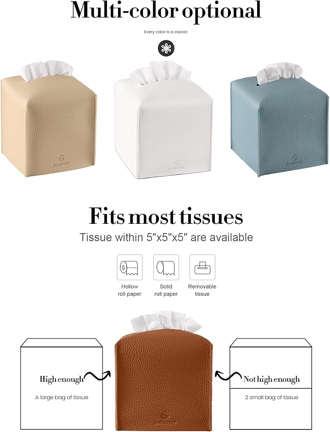 Tissue Box Cover, Jeethemy Square PU Leather Tissue Box Holder, Modern Tissue Case Facial Paper Organizer Dispenser，5X5X5'',Single Camel