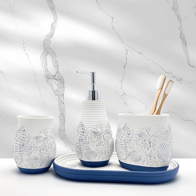 Beach Theme Bathroom Accessory Sets 4PCS Bathroom Accessories Set Complete Embossed Seashell Starfish Design Includes Lotion Dispenser Toothbrush Holder Tumbler Cup & Vanity Tray