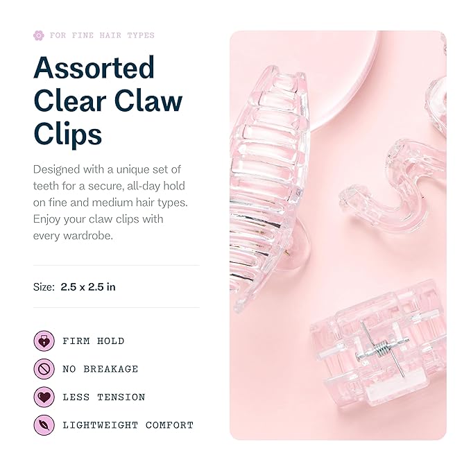 Gimme Beauty Fine Hair Claw Clips - Durable, No-Slip Design for Thin Hair - Mini Claw Clips Made from Strong & Break-Resistant Recycled Plastic - 3 Pack, Clear
