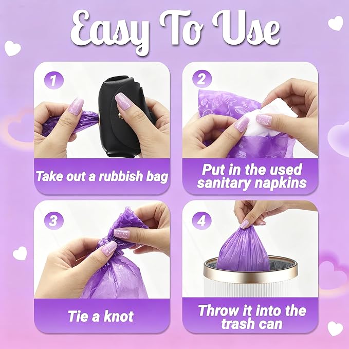 Sanitary Napkin Disposal Bags with Dispenser Feminine Hygiene Disposal Bags for Tampons Trash Bag, Personal Care Sanitary Bag for Women Privacy Handling (Purple)