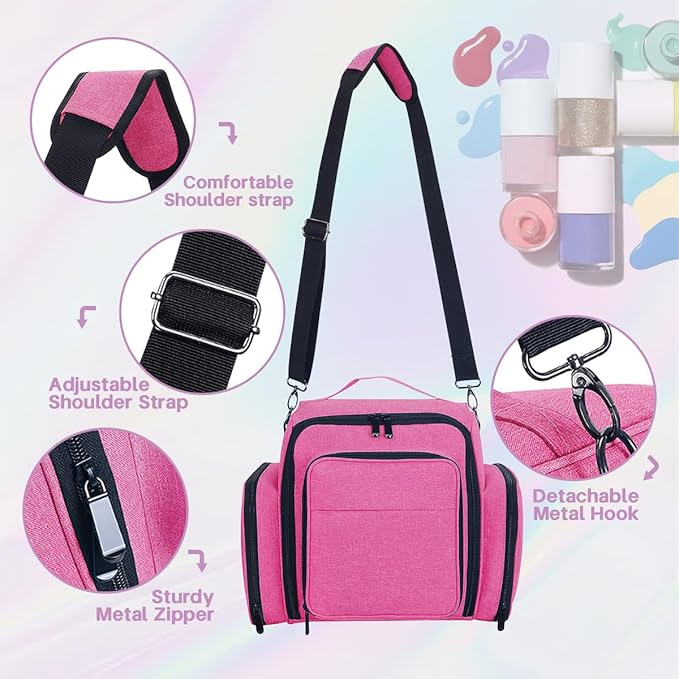 Nail Polish Organizer Holds 60 Bottles and a Nail Lamp,Portable Travel Case with 2 Removable Bags and Tools Storage Pockets Rose Red