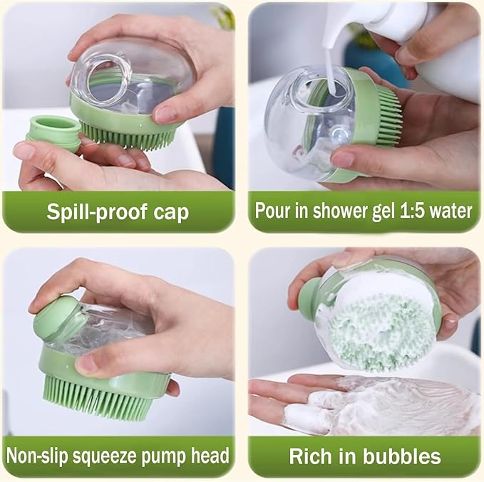 Dog Bath Scrubber Brush, 2Pcs Pet Dog Grooming Massage Shampoo Bath Brush with Soap and Shampoo Dispenser Soft Silicone Bristle for Long Short Haired Dogs Cats Shower-Green