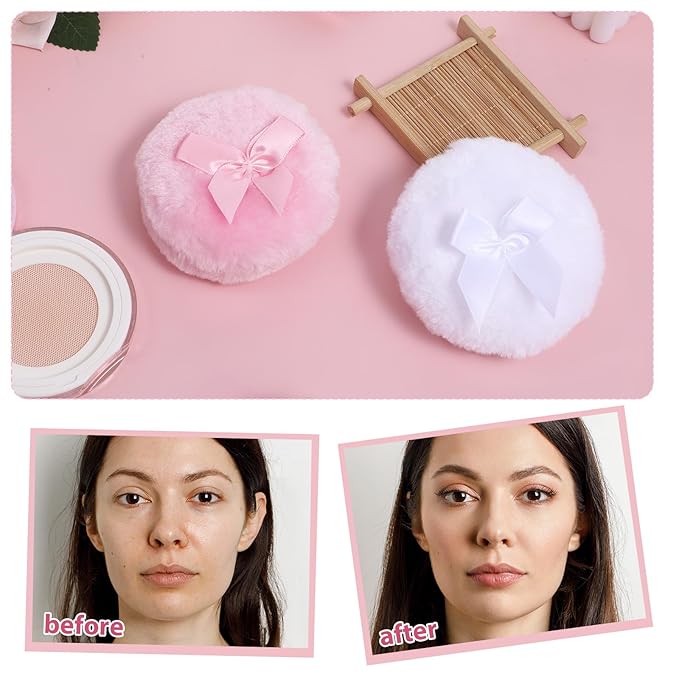 2 PCS Dusting Powder Puff, 3.4 Inch Soft Dusting Puffs Large Fluffy Powder Puff, Washable Reusable, Big Fluffy Puffs for Women Makeup Face Body(White+Pink)