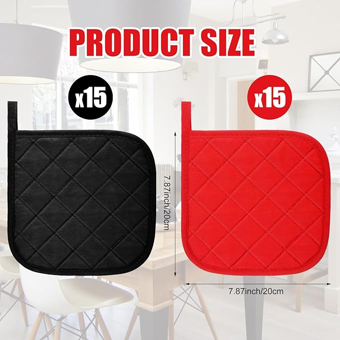 Uiifan 30 Pieces Cotton Pot Holders for Kitchen Washable Heat Resistant Potholders Oven Hot Pads for Cooking and Baking, 7.87 x 7.87 x 0.2 Inch(Black, Red)