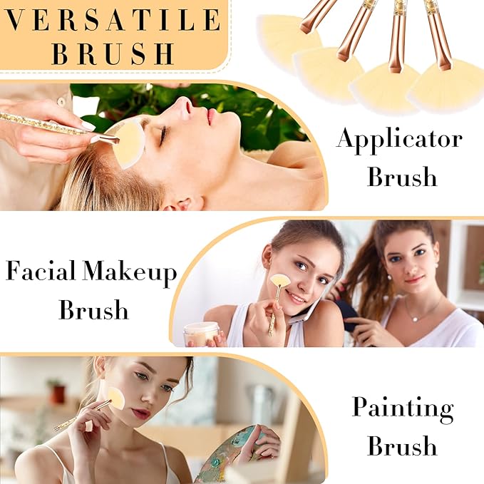 Nuenen 12 Pcs Soft Fan Facial Brushes Mask Acid Applicator Brush for Mud Cream Blush Makeup Peel Glycolic Multi Use Cosmetic Tools with Glitter Quicksand Handle and Pouch(Gold)