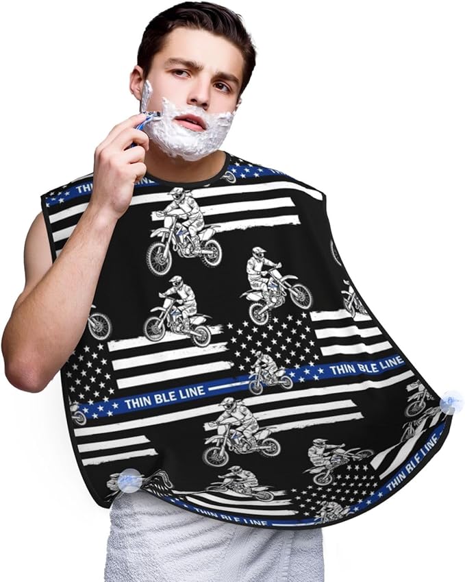 Beard Apron Hair Catcher, Thin Blue Line American Flag Motorcycle Dirt Bike Shave Bib, Waterproof Non-Stick Shaving Bib, Trimming Grooming Tool for Dad Men Anniversary