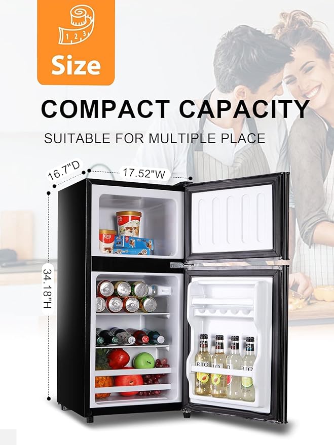 Mini Fridge With Freezer,3.5 Cu. Ft Compact Refrigerator With 2 Doors,7- Level Adjustable Thermostat, Removable Glass Shelves For Bedroom, Office, Kitchen, Apartment, Dorm, Black