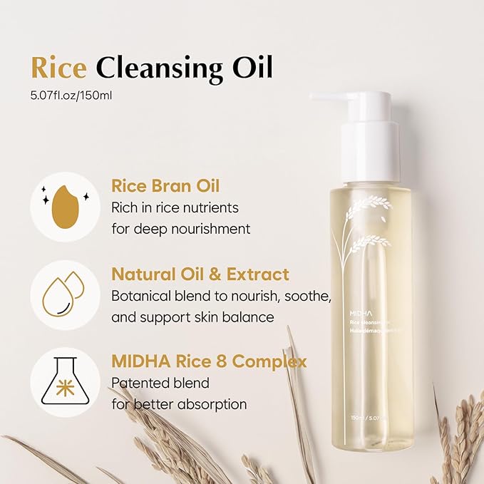 MIDHA RICE CLEANSING OIL 5.07fl.oz/150ml, Gentle Makeup Remover, Hydrating, Lightweight, Plant-Based, Moisturising, First-Step Cleanser, Balanced Skin with Residue-Free, Sebum Care Formula