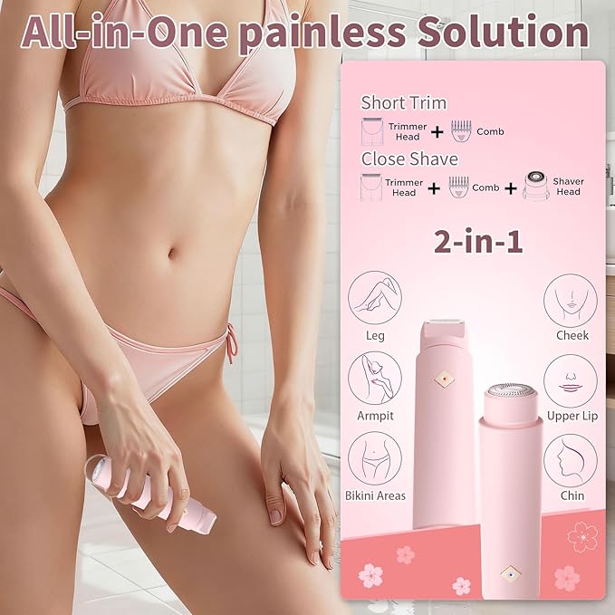 2 in 1 Bikini Trimmer for Women, Painless Waterproof Electric Razors for Women, Dual Head Travel Electric Shaver for Facial Legs Armpits Body Hair Remover, Rechargeable Pubic Hair Trimmer, Pink