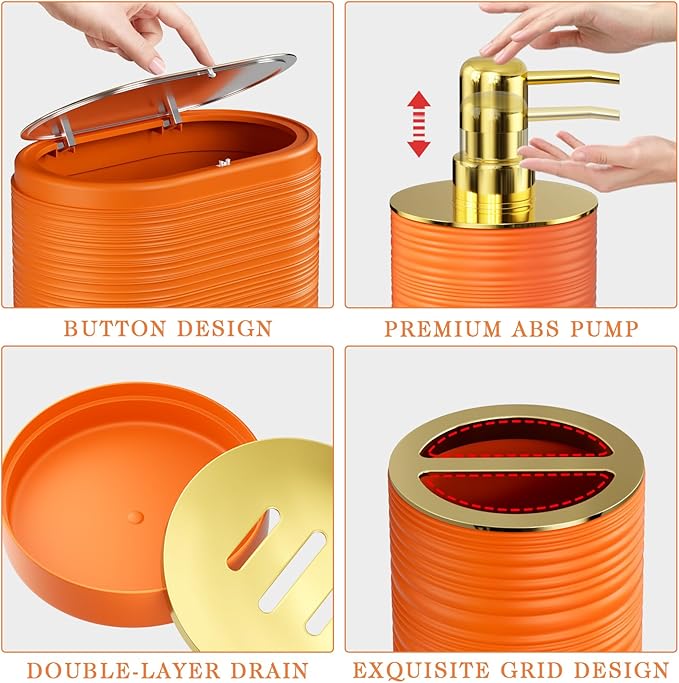 Bathroom Set, 10PC Bathroom Accessory Set, Orange Bathroom Accessories, Orange and Gold Bathroom Set with Trash Can, Soap Dispensers