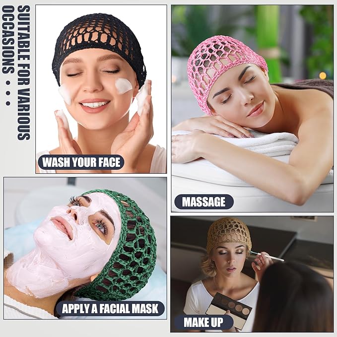 Geyoga 4 Pieces Mesh Crochet Hair Net Rayon Knit Snood Hat Thick Short Women Hairnet Snoods Cover Ornament for Sleeping(Black, Green, Pink, Beige)