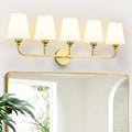 Bathroom Vanity Light, Brushed Gold Bathroom Light Fixtures, 5-Light Lighting Fixtures Over Mirror, Modern Wall Sconce with Flared White Fabric Shade, E26 Socket(ETL Listed)