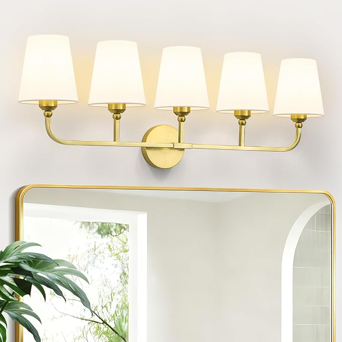 Bathroom Vanity Light, Brushed Gold Bathroom Light Fixtures, 5-Light Lighting Fixtures Over Mirror, Modern Wall Sconce with Flared White Fabric Shade, E26 Socket(ETL Listed)