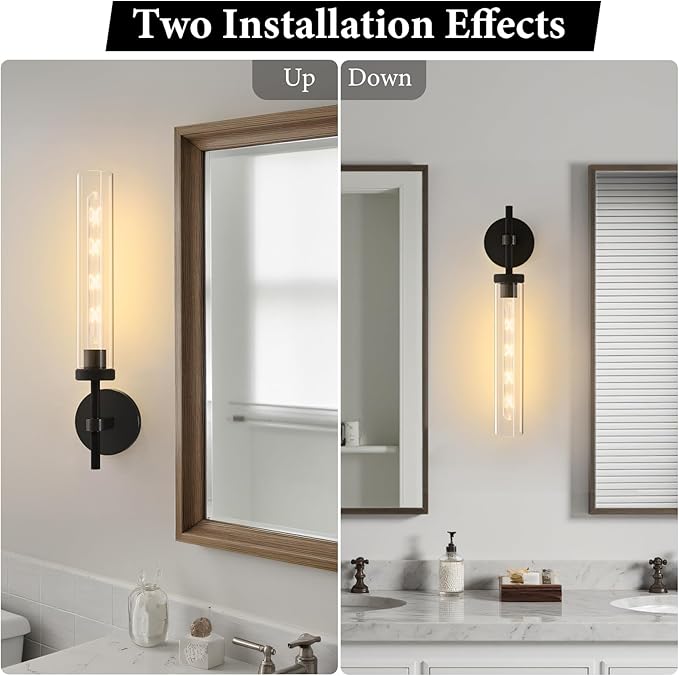 Brass Knurled Tube Wall Sconce - Set of 2 Luxury Modern Glass Sconces with Bulbs - Vertical Mounted Light Fixture - Black Dimmable Indoor Lighting for Vanity Bathroom Bedroom Living Room Hallway