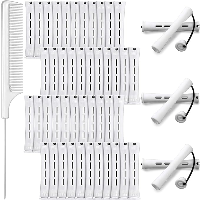 48 Plastic Hair Perming Rods and Curlers with Steel Pintail Comb for Hairdressing Styling (White, 0.63 Inch/ 1.6 cm)