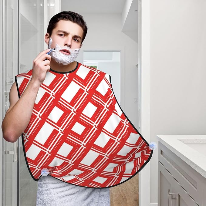 Waterproof Beard Trimming Bib, Non-Stick Hair Catcher for Men Shaving, Grooming Apron for Husband Dad, Christmas Red Stripes Candy Cane Shave Bib