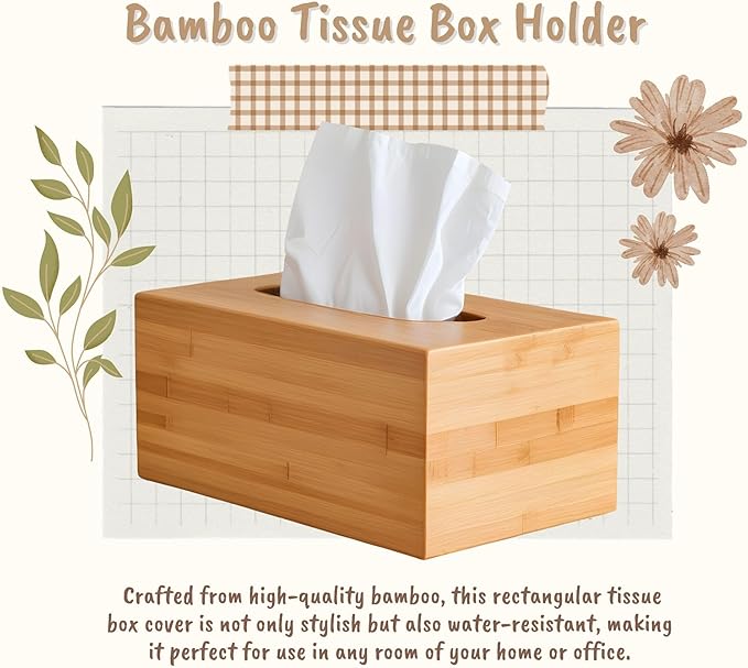PERFORMORE Bamboo Tissue Box Cover - Water-Resistant Rectangular Wooden Facial Tissue Box with Sliding Bottom - 27x15.5x11.5 cm Wood Kleenex Box Holder - Ideal for Bathroom, Office Desk & Nightstand