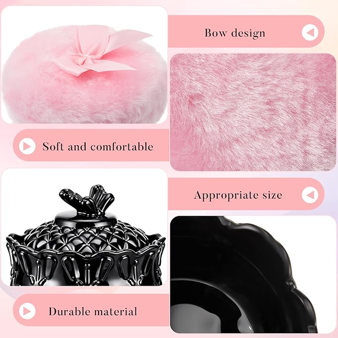 Tioncy 3 Pcs Large Body Powder Puff and Container Valentine's Day gift Powder Container with Puff Crystal Case Soft Washable Reusable Velour Face Body Glitter Wet Dry Makeup (Butterfly,Black)
