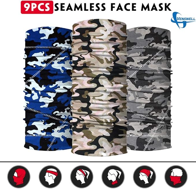 Venswell Neck Gaiter Face Mask Men Women,Seamless Bandana Rave Face Cover Scarf Mask,Balaclava,Headband, Head Wrap,Headwear