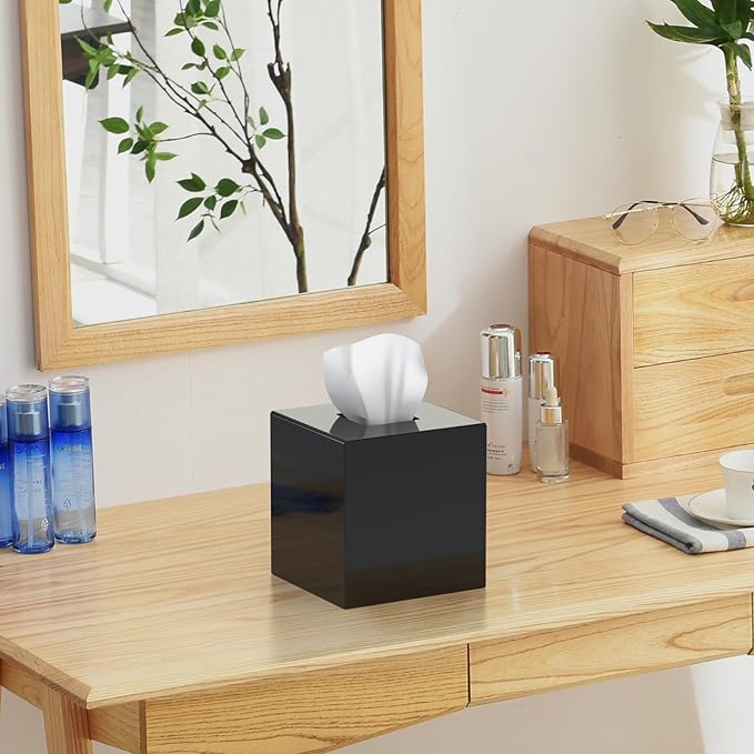 SILUT Tissue Box Cover Square, Shiny Acrylic Tissues Holder, Facial Tissue Holder, Modern Tissue Dispenser for Bathroom Bedroom Office, Shiny Black