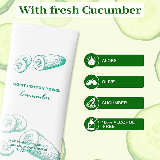 Moist Cotton Towel Bulk Moist Towelettes Individually Wrapped,White Towel Services,Refreshment Pre Moistened Towels for Dentist Travel Sport Party Hotel 50，Green tea (pack of 50, Cucumber)