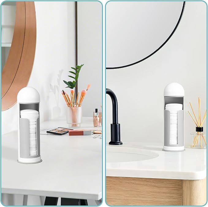 Cosmetic Cotton Pad Rounds Holder with Rotating Lid, Cotton Pads Dispenser Modern White Plastic Organizer Storage