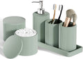 6-Piece Green Bathroom Set - Mesh Textured Resin Bathroom Accessories Set with Soap Dispenser, Toothbrush Holder, Cup, Vanity Tray & Apothecary Jars for Small Spaces