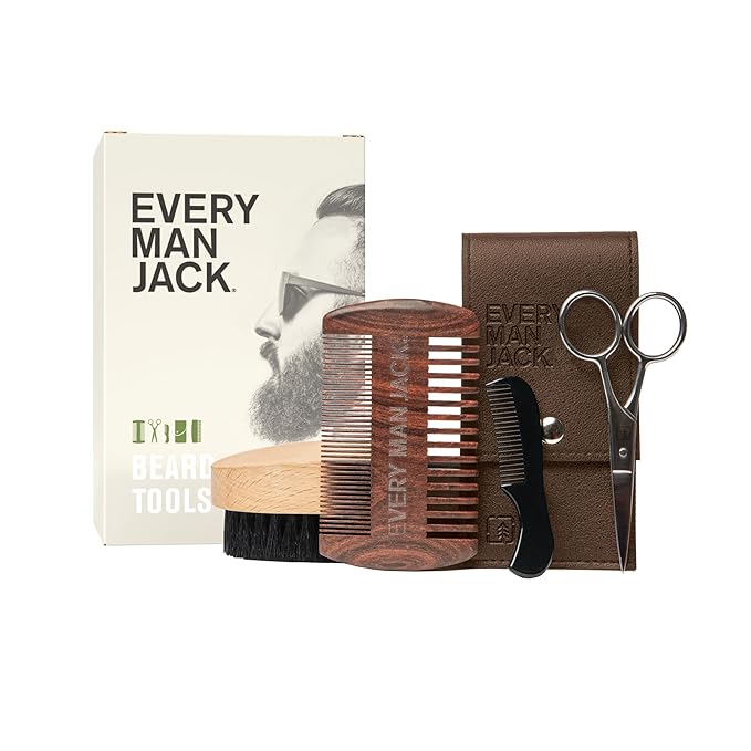Every Man Jack Beard Grooming Tool Gift Set for Men – Includes Dual-Tooth Comb, Beard Brush, Stainless Steel Shears & Mini Comb – Travel Friendly & Perfect for Daily Maintenance
