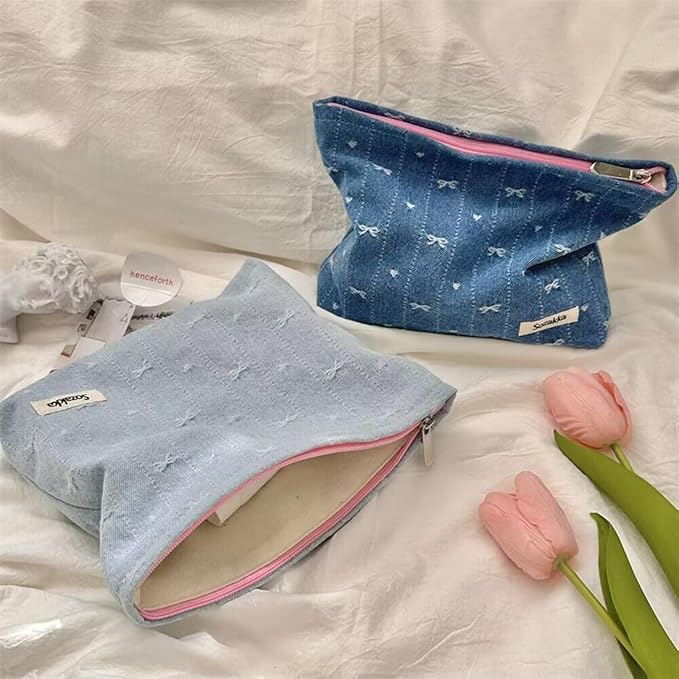SxoSyo Makeup Bag for Women Cosmetic Bags Large Purse Travel Toiletry Zipper Storage Pouch Make up Brushes Organizer for Gifts (bowknot, denim blue)