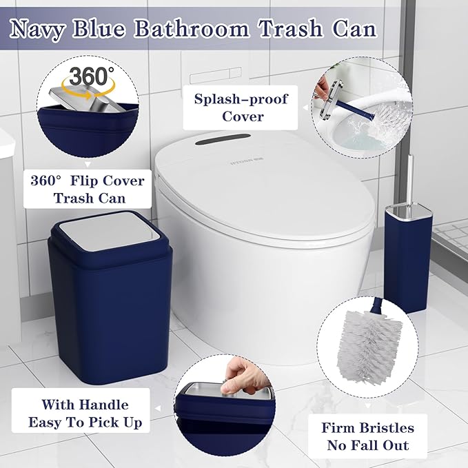 24PC Navy Blue Bathroom Set with Shower Curtain and Rugs, Blue Bathroom Sets Complete with Trash Can,Soap Dispenser,Soap Dish,Toilet Brush,Toothbrush Holder and Cup,Tray,Q-Tip Holders