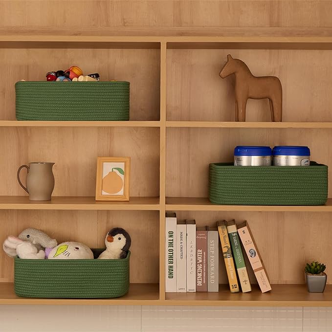 Large Shallow Organizing Baskets 15x11x5.1 Inches - Rope Woven Storage Bins for Bathroom, Shelves, Cube Closet, Green 4 Packs