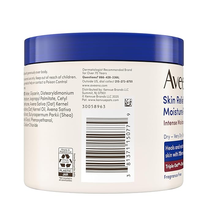 Aveeno Skin Relief Intense Moisture Repair Body Cream with Triple Oat & Shea Butter Formula, Helps Heal, Repair & Restore Very Dry Skin with Long-Lasting Moisture, Fragrance-Free, 11 oz