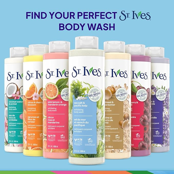 St. Ives Body Wash, Sea Salt & Pacific Kelp Exfoliating Shower Gel 2-Pack, 100% Natural Extracts, Cruelty-Free, 22 Oz Ea