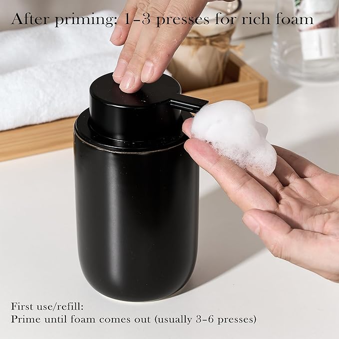 Black Foam Soap Dispenser,Foaming Dispenser for Kitchen & Bathroom,12oz Ceramic Soap Dispenser with Foam Pump for Hand Wash(Matte)