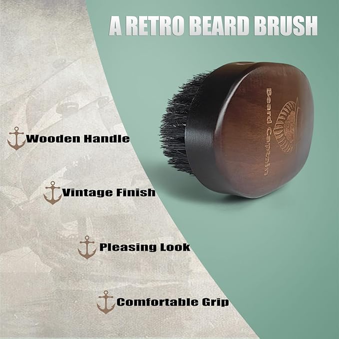 100% Boar Bristle Beard Brush for Man – Retro Wooden Handle, Promotes Beards Growth & Softens, Travel Size