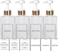 Empty Plastic Square Bottles Pump Shampoo Conditioner Body Wash Face, in Shower Bathroom Dispenser, Waterproof Permanent Labels, 27oz 800ml Set of 4 (Clear Plastic, Gold White Pump)