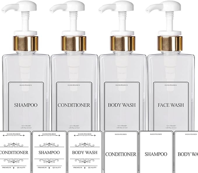 Empty Plastic Square Bottles Pump Shampoo Conditioner Body Wash Face, in Shower Bathroom Dispenser, Waterproof Permanent Labels, 27oz 800ml Set of 4 (Clear Plastic, Gold White Pump)